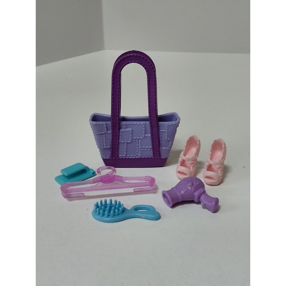 Barbie Doll Accessory Lot Purple Tote Bag Pink Heels Hair Dryer Brush Hanger